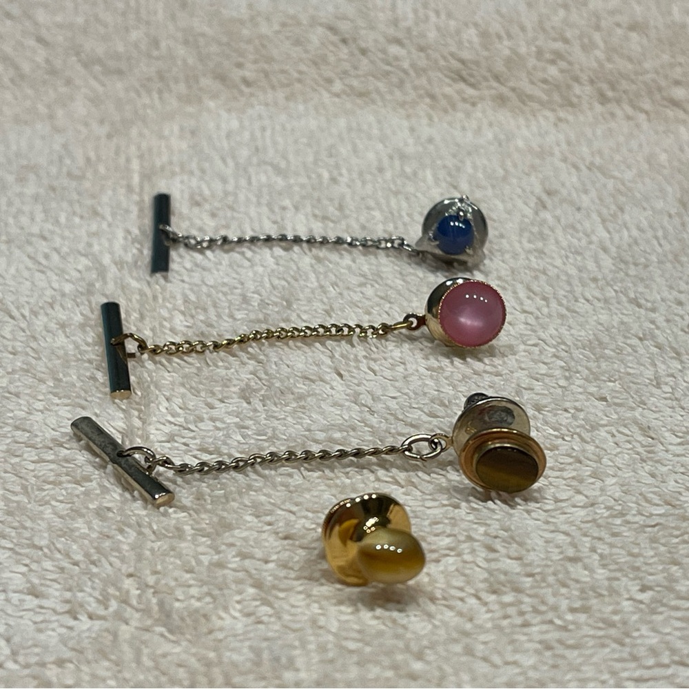 Tie Bar Clip Bundle Of 3 With Extra Tie Pin Combo Gold & Silver Tones W/ Stones